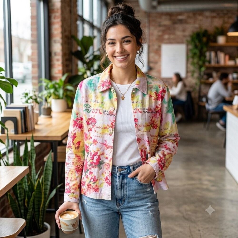New Directions size M water color sequined denim jacket.
